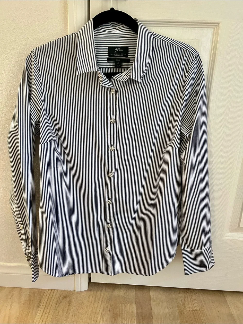 J. Crew women’s Striped Perfect Shirt with jewel buttons